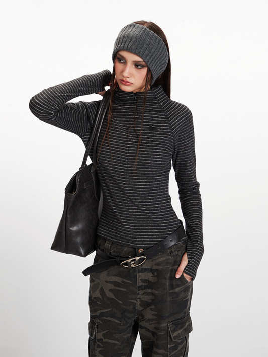 Cavebend - Women's Striped Stand-Collar Slim-Fit Long-Sleeve