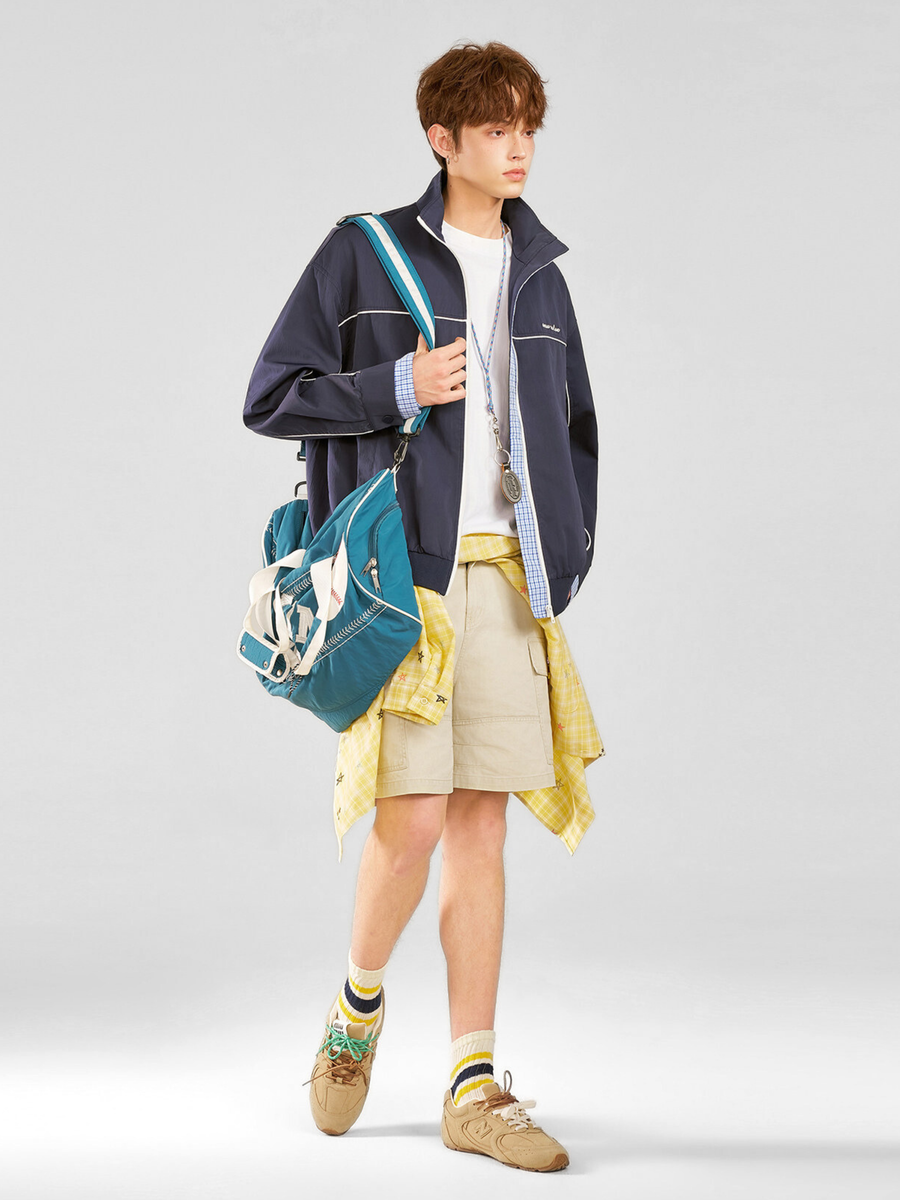 HawkRoc - Stand Collar Plaid Utility Jacket