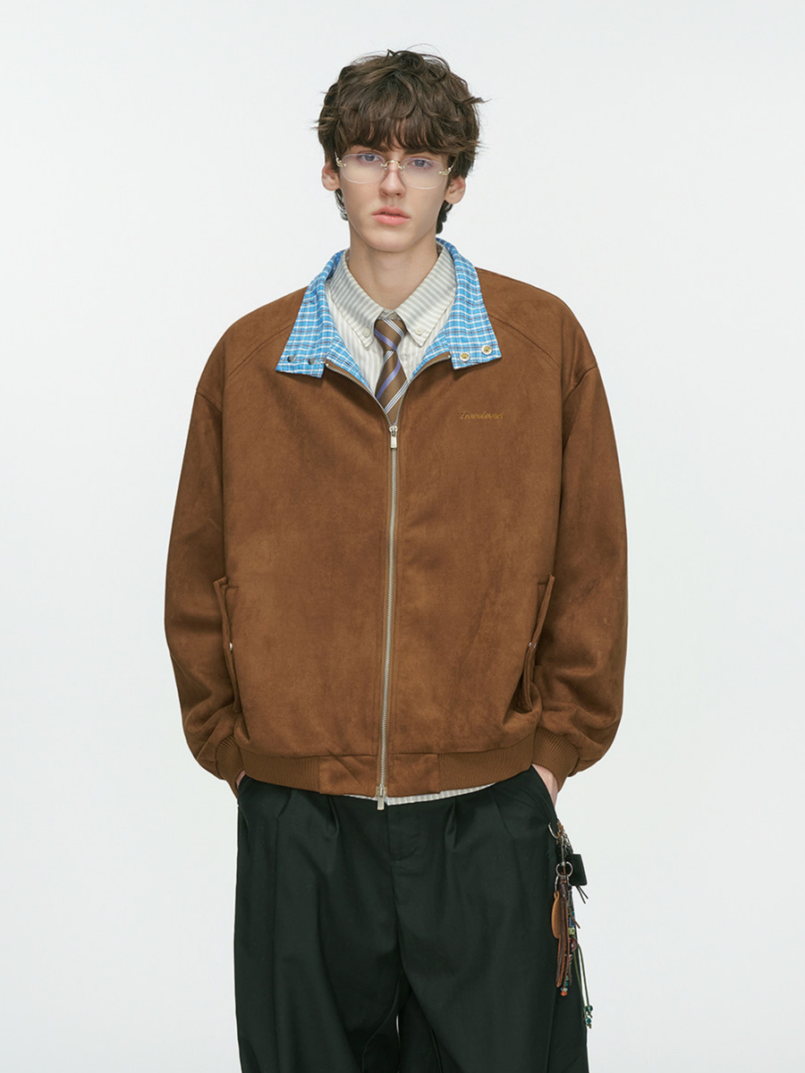 Cougarsong - Men's Check Panel Faux Suede Jacket