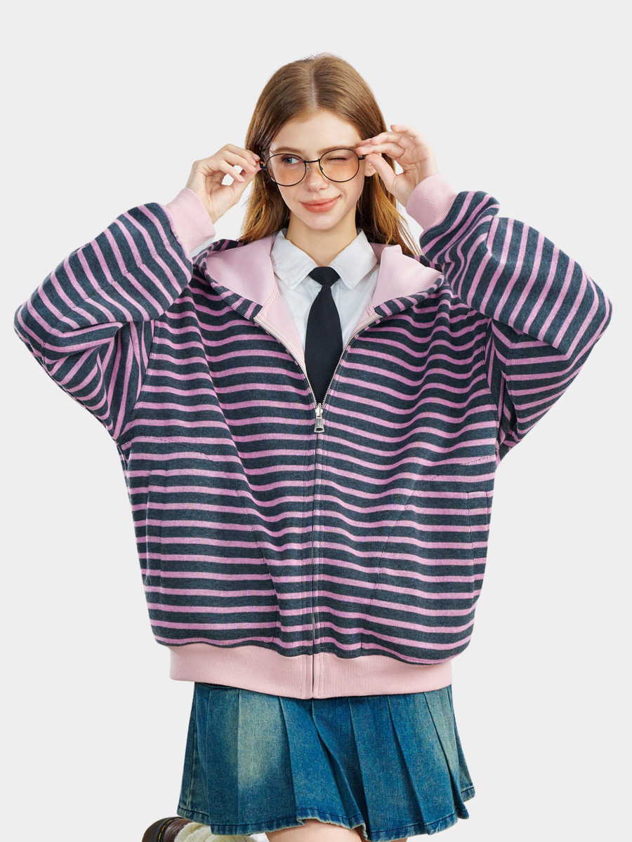 Ashrise - Unisex Striped Color-Block Hooded Zip-Up Sweatshirt