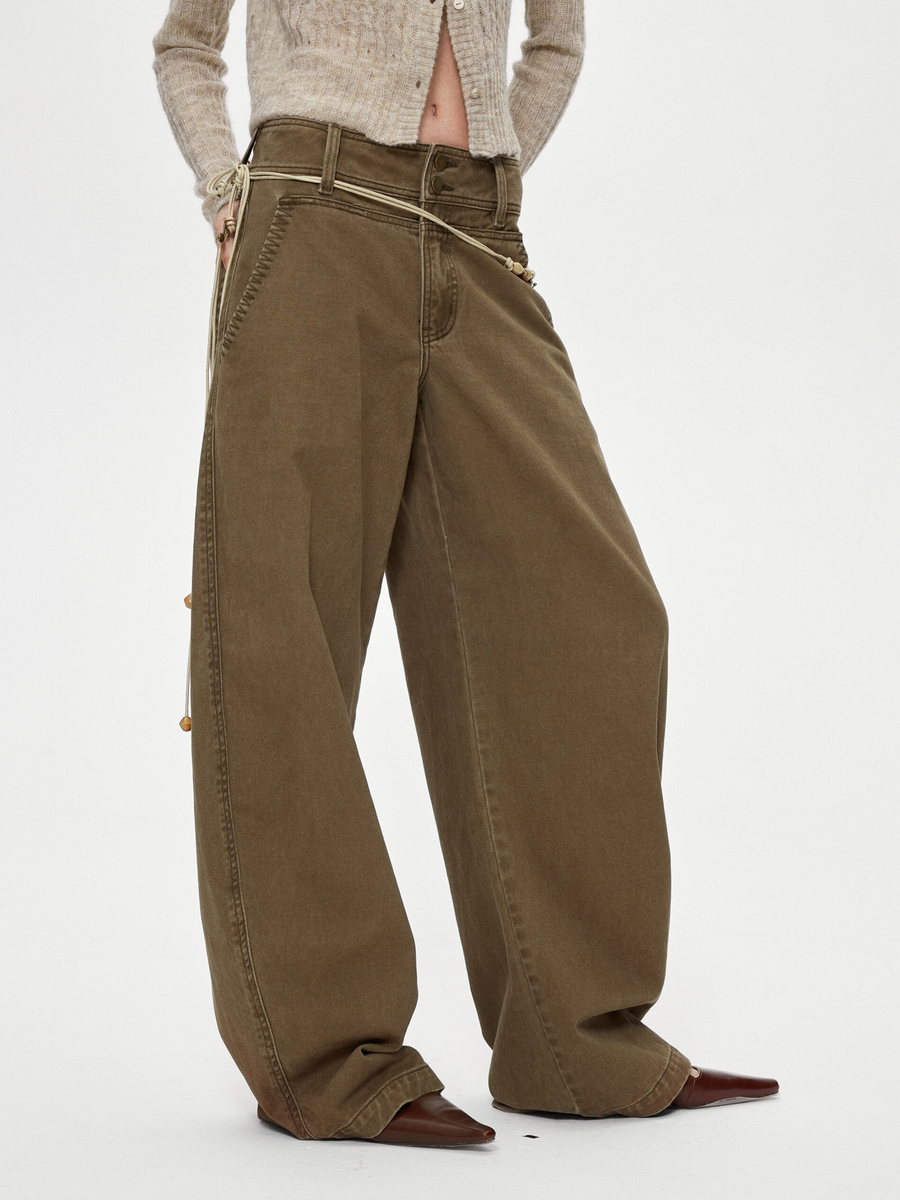 Ashgap - Women's Dual-Button Twill Cotton Curved-Leg Pants