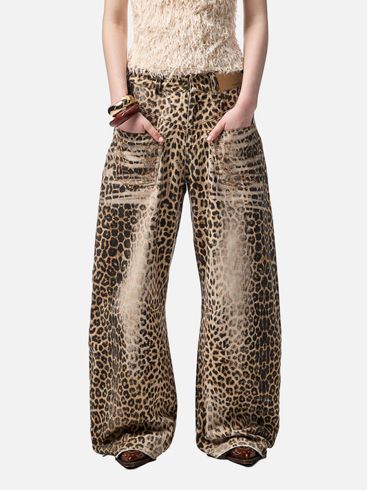 Nightflare - Women's Washed Leopard Print Canvas Barrel-Leg Pants