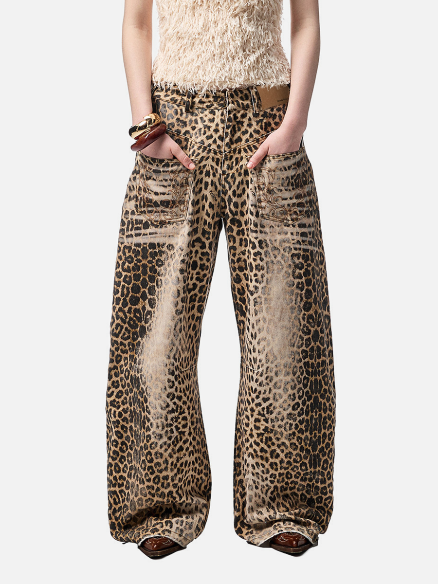 Nightflare - Women's Washed Leopard Print Canvas Barrel-Leg Pants