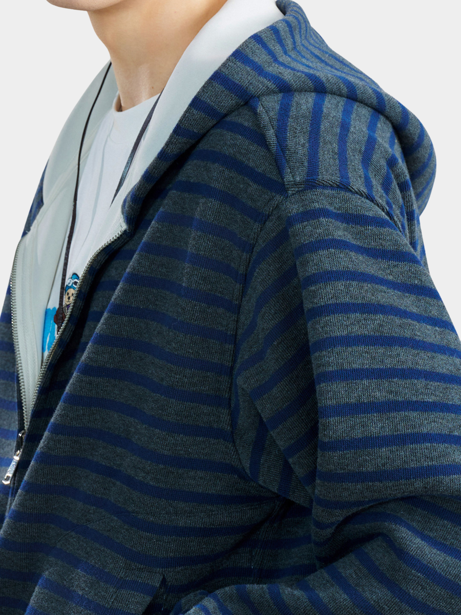 Ashrise - Striped Color-Block Hooded Zip-Up Sweatshirt