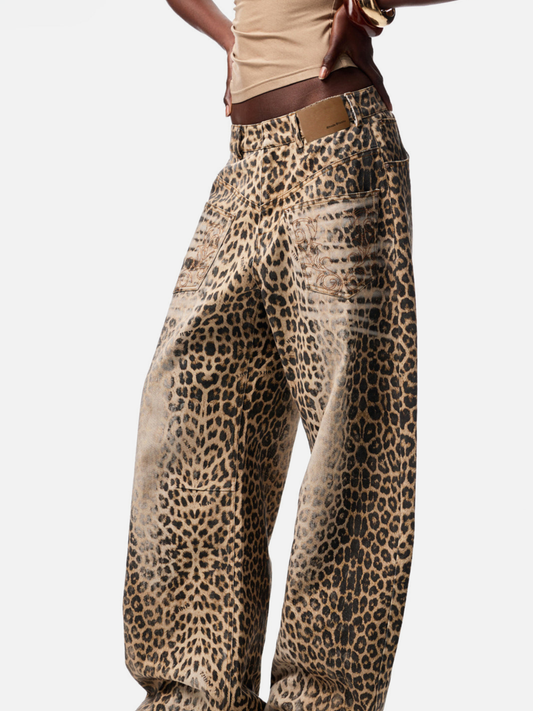 Nightflare - Women's Washed Leopard Print Canvas Barrel-Leg Pants
