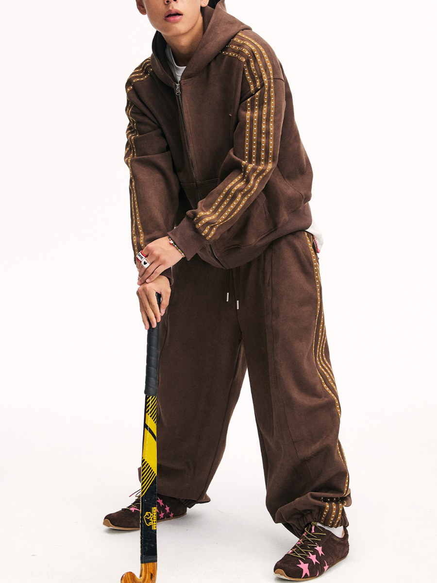 Skyflame - Unisex Faux Suede Star Webbing Jogger Pants