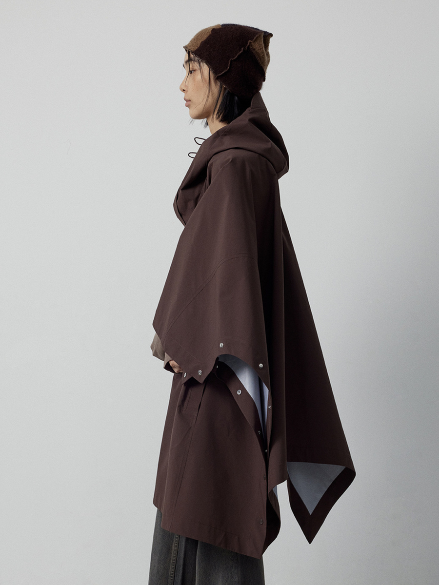 OwlPort - Women's Water-Repellent Metal-Button Drawstring Hooded Cape Jacket