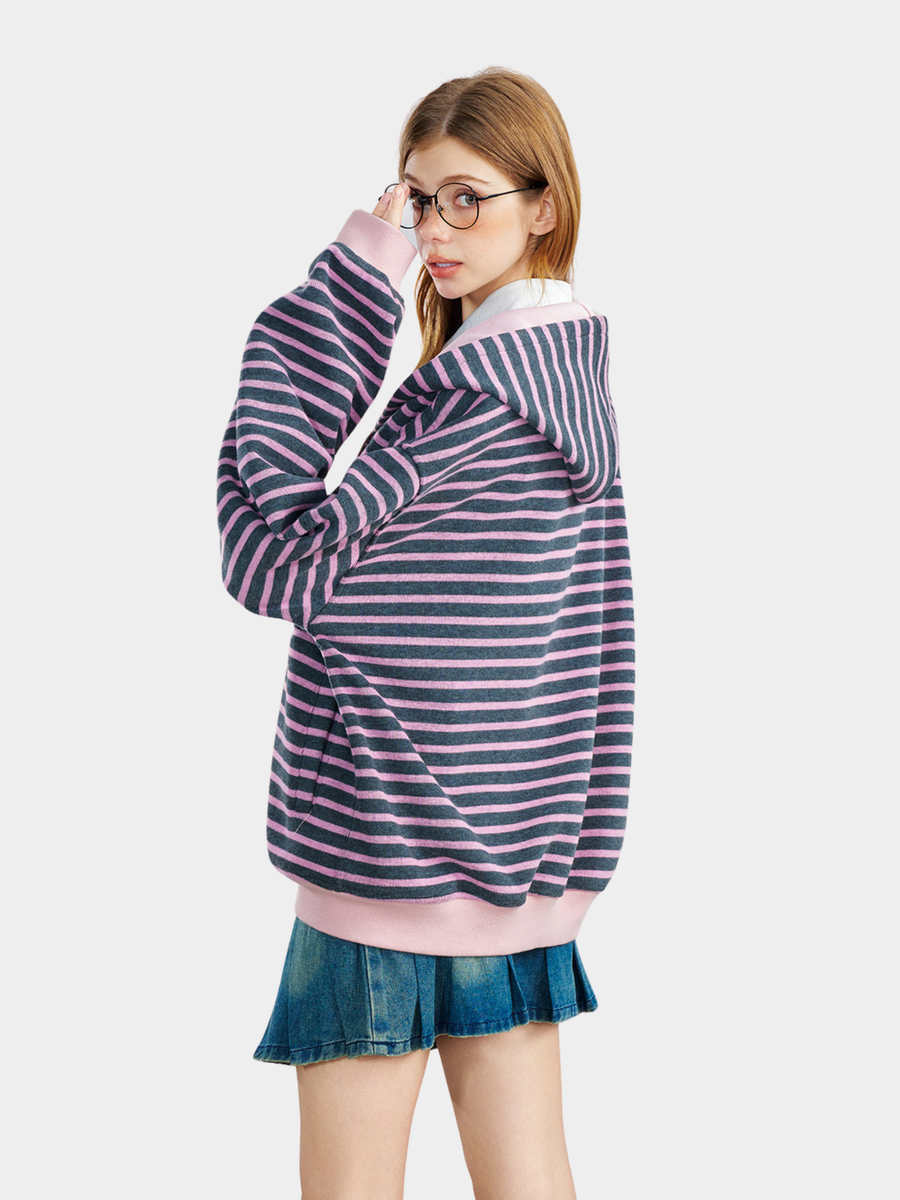 Ashrise - Striped Color-Block Hooded Zip-Up Sweatshirt