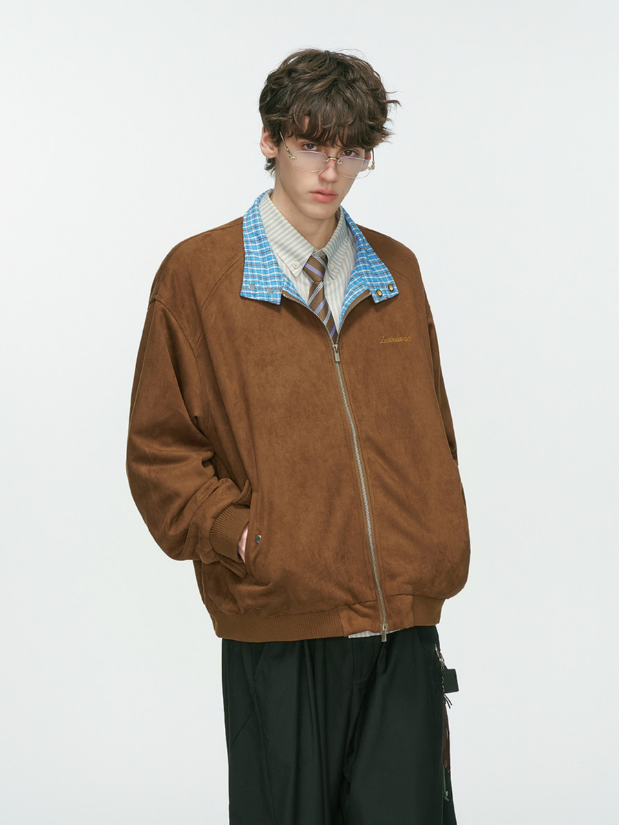 Cougarsong - Men's Check Panel Faux Suede Jacket