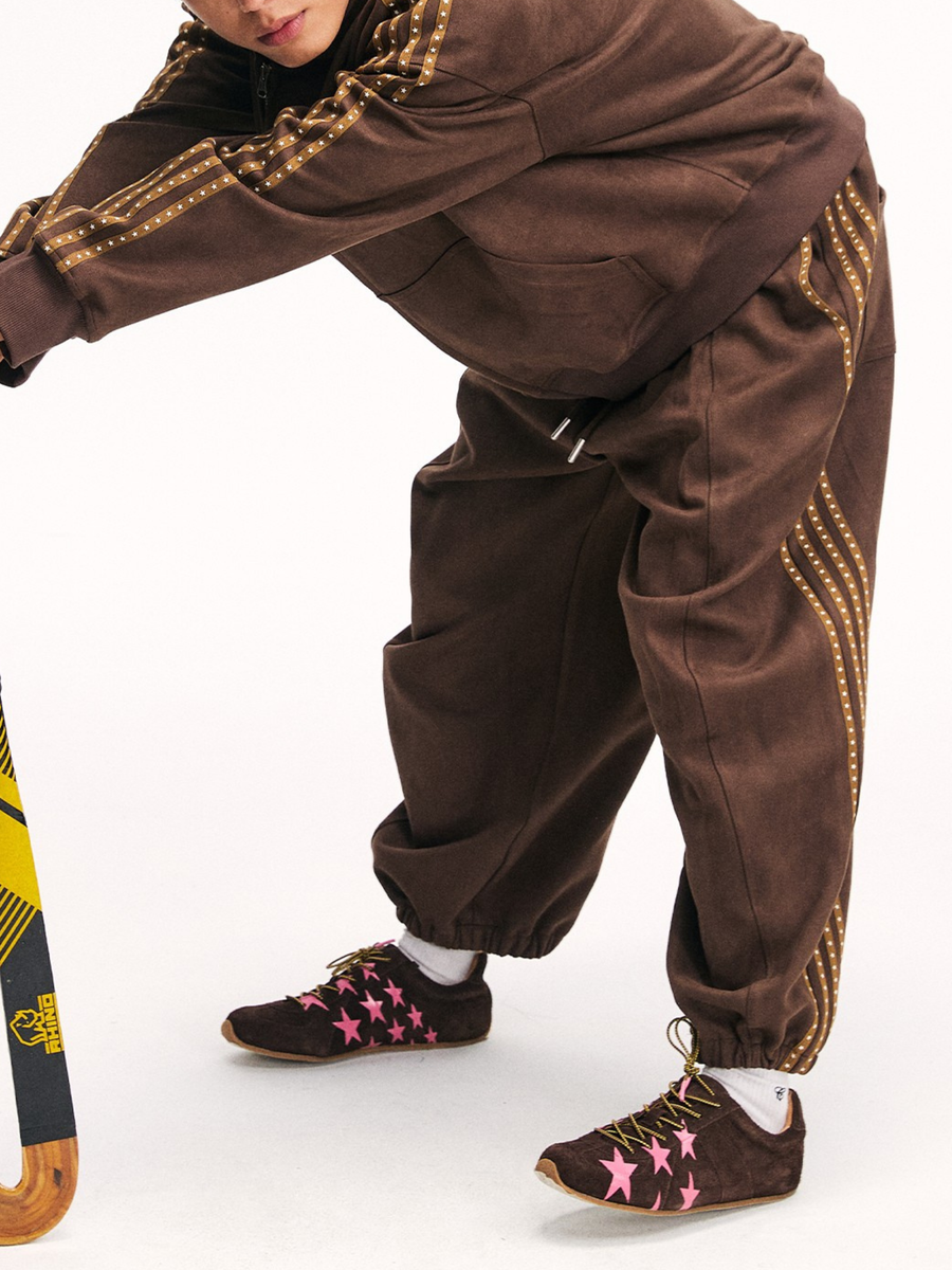 Skyflame - Unisex Faux Suede Star Webbing Jogger Pants