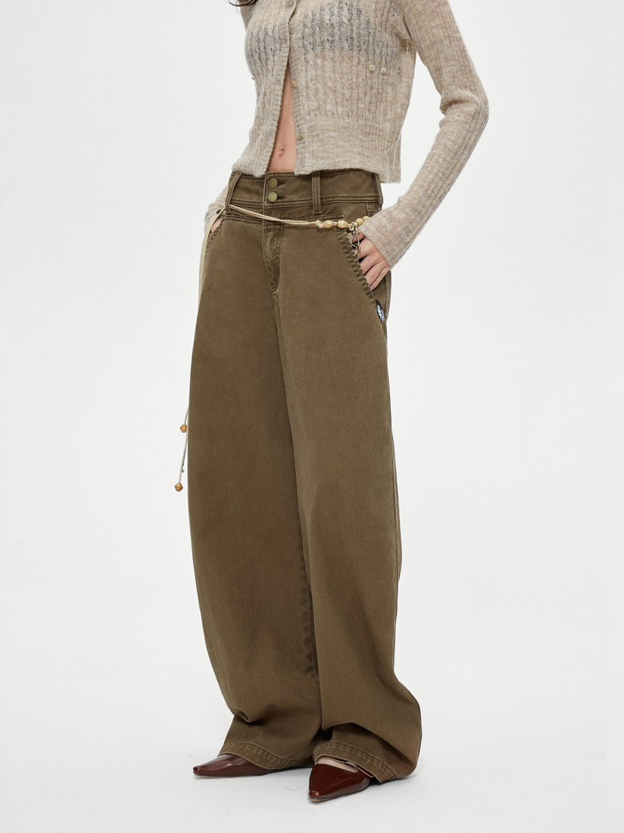 Ashgap - Women's Dual-Button Twill Cotton Curved-Leg Pants