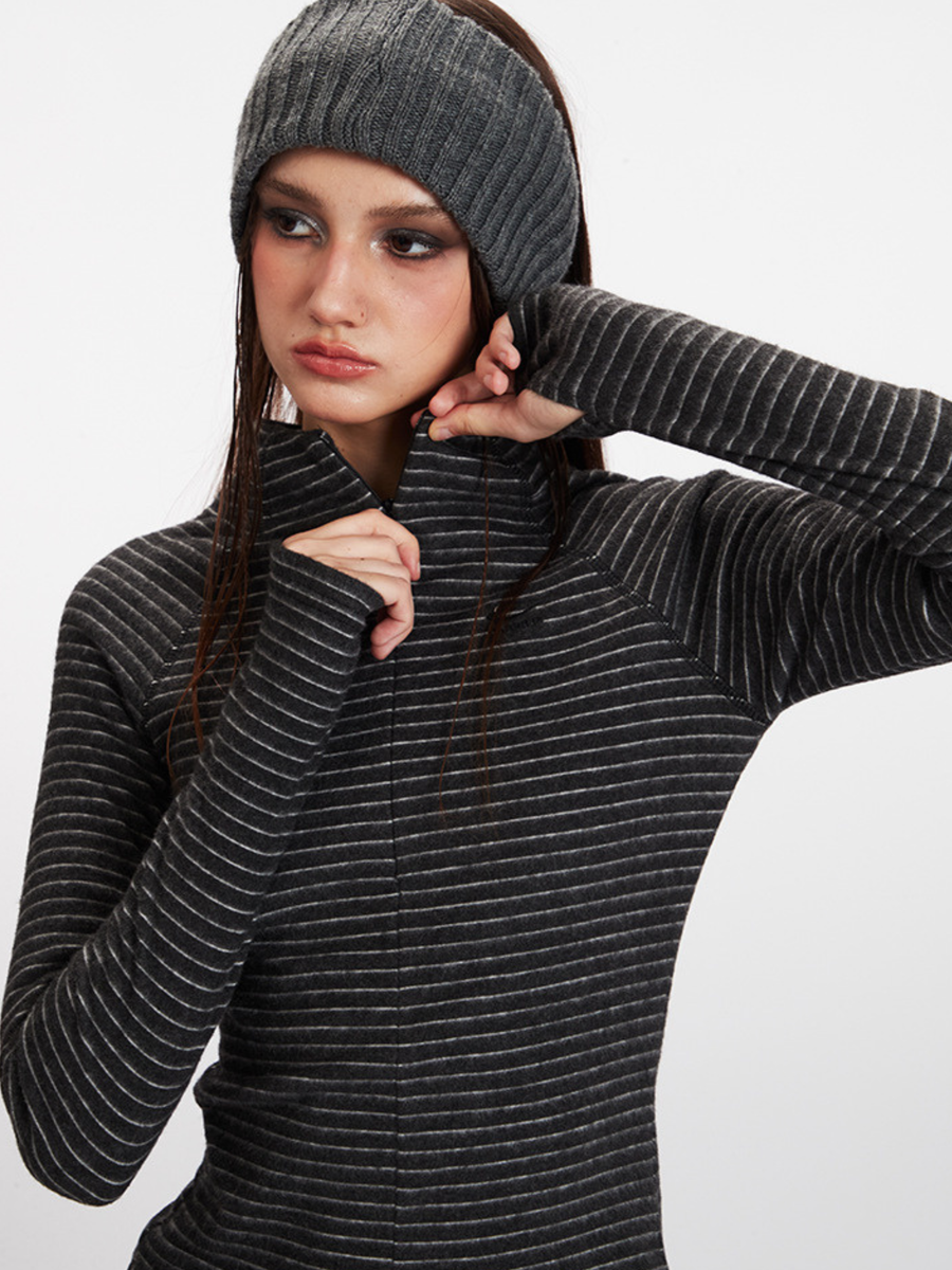 Cavebend - Women's Striped Stand-Collar Slim-Fit Long-Sleeve