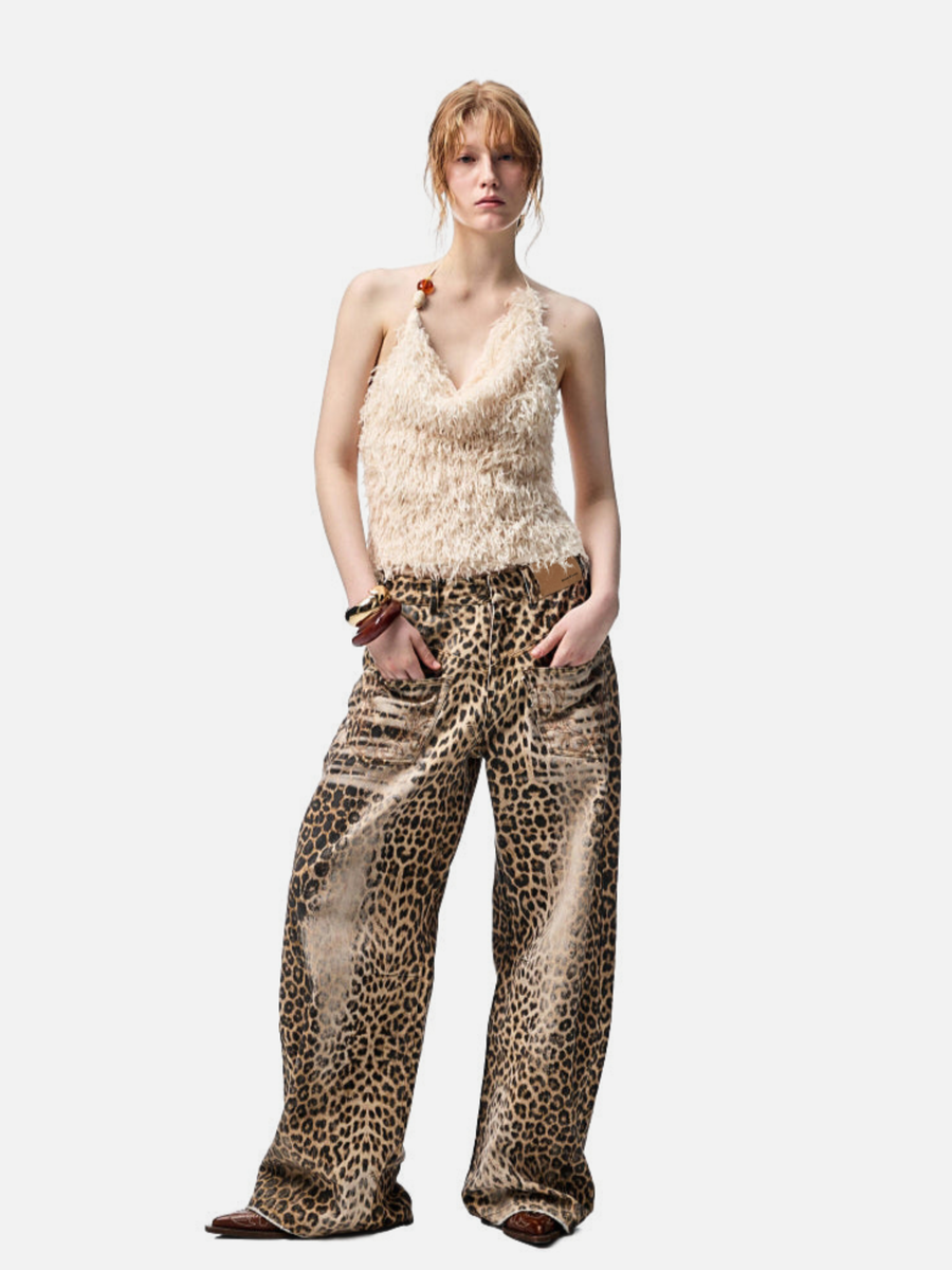 Nightflare - Women's Washed Leopard Print Canvas Barrel-Leg Pants