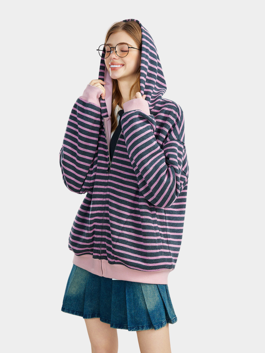 Ashrise - Striped Color-Block Hooded Zip-Up Sweatshirt