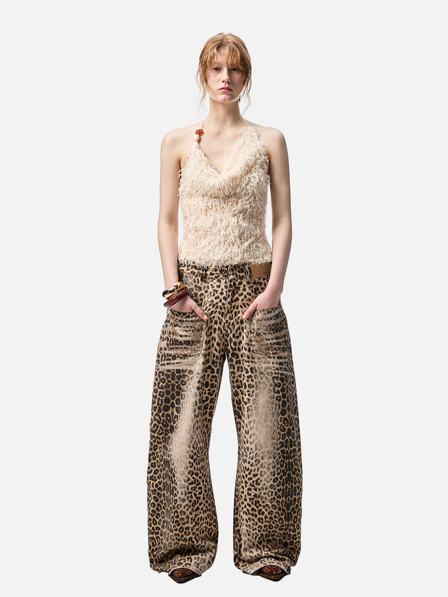 Nightflare - Women's Washed Leopard Print Canvas Barrel-Leg Pants