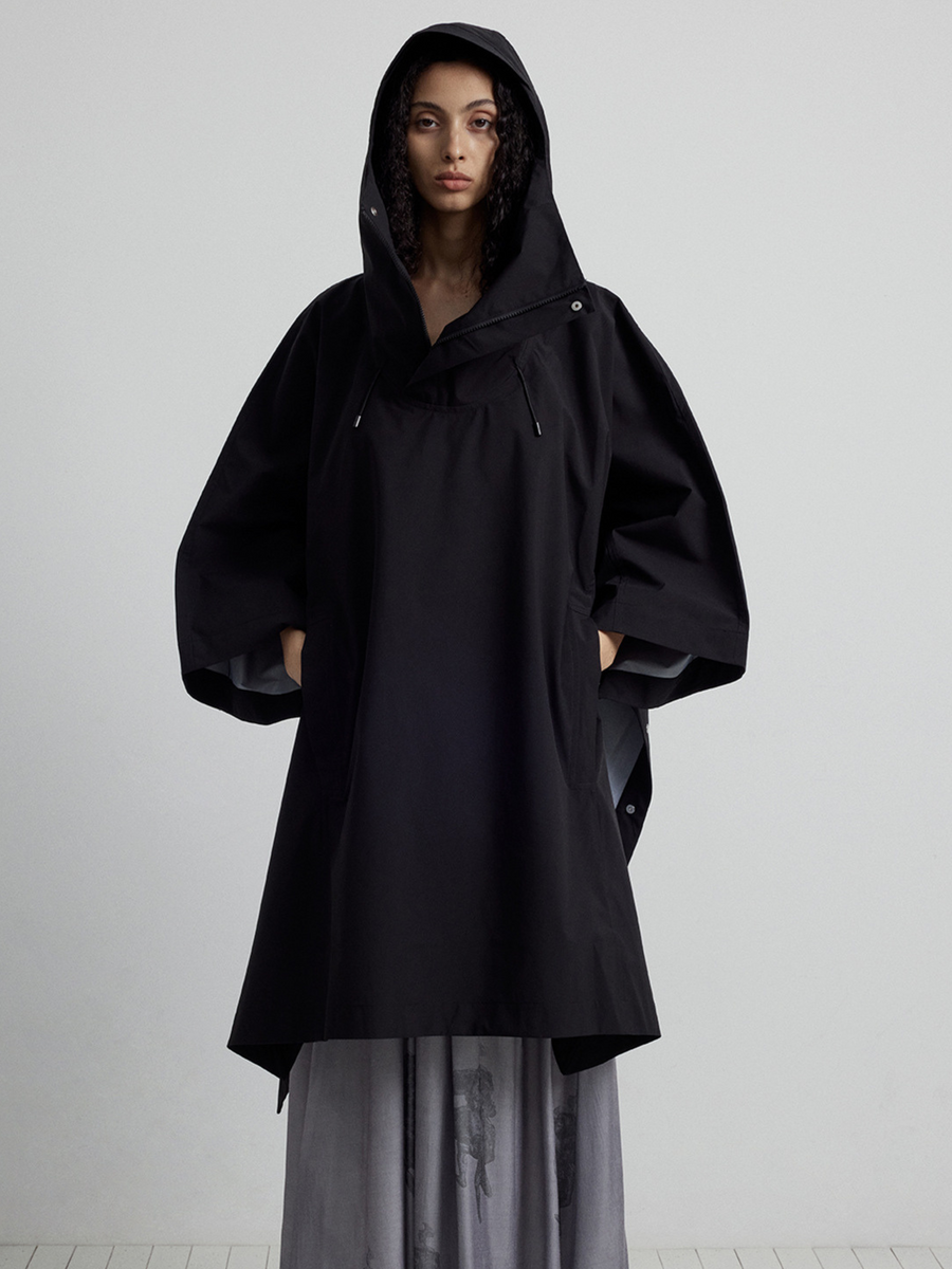 OwlPort - Women's Water-Repellent Metal-Button Drawstring Hooded Cape Jacket
