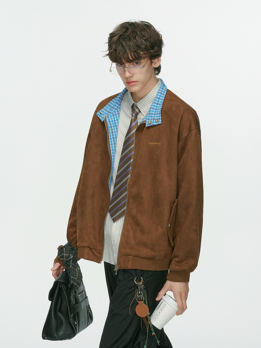Cougarsong - Men's Check Panel Faux Suede Jacket