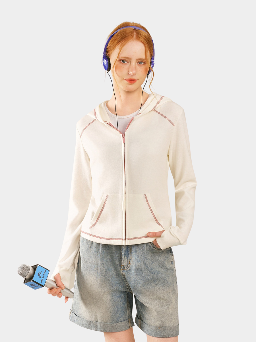 OwlCrag - Women's Slim-Fit Contrast Stitch Zip-Up Jacket