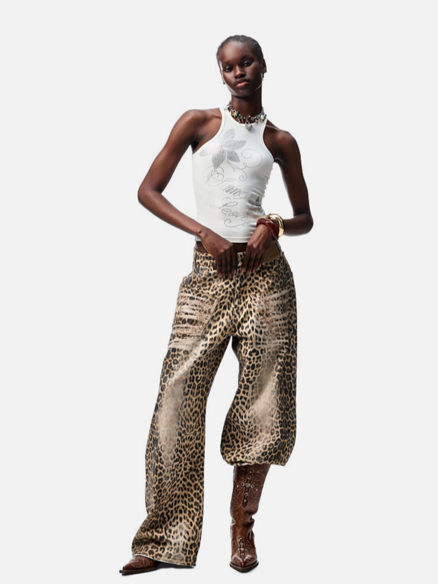 Nightflare - Women's Washed Leopard Print Canvas Barrel-Leg Pants
