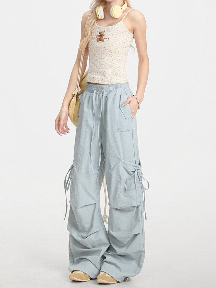 Aquarun - Women's Bow-Tie Strap Pleated Cargo Pants