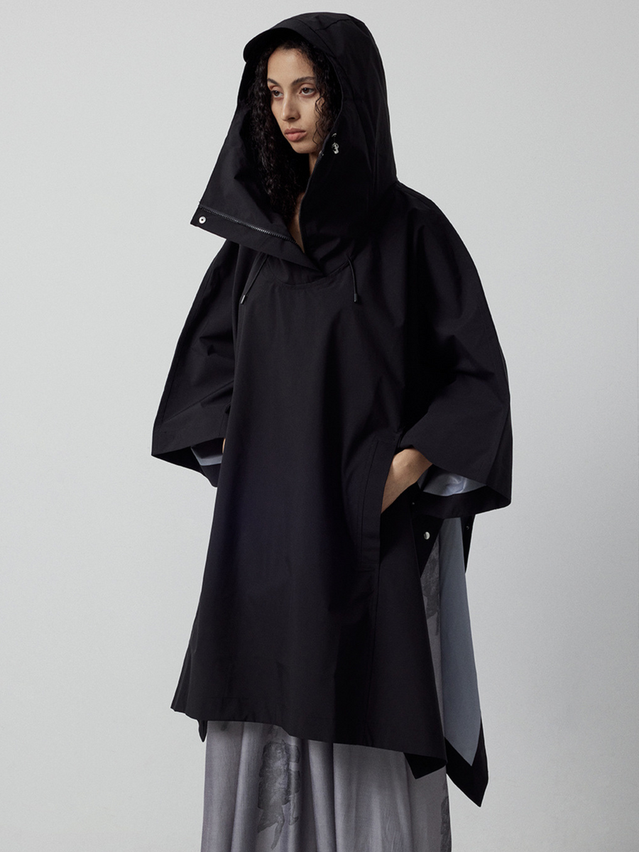 OwlPort - Women's Water-Repellent Metal-Button Drawstring Hooded Cape Jacket