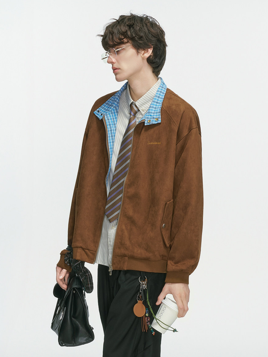 Cougarsong - Men's Check Panel Faux Suede Jacket