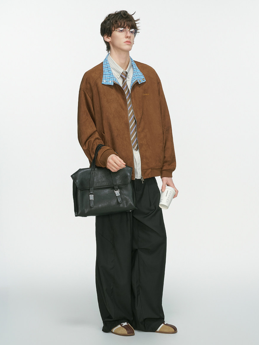 Cougarsong - Men's Check Panel Faux Suede Jacket