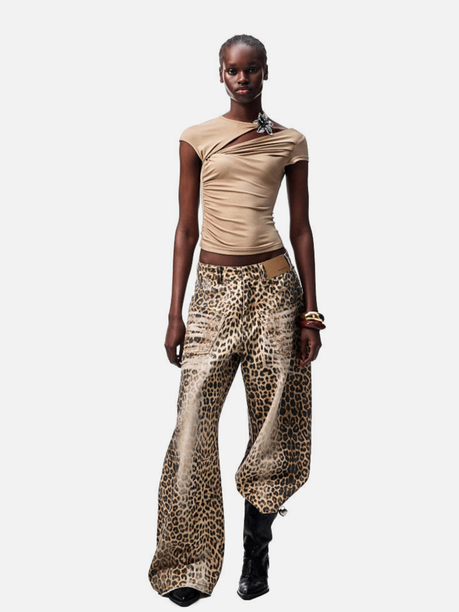 Nightflare - Women's Washed Leopard Print Canvas Barrel-Leg Pants