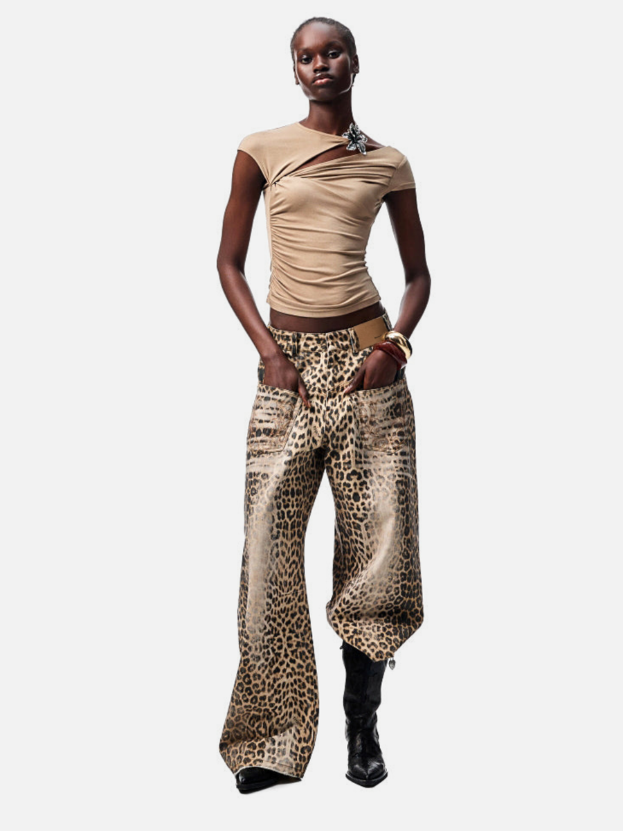 Nightflare - Women's Washed Leopard Print Canvas Barrel-Leg Pants