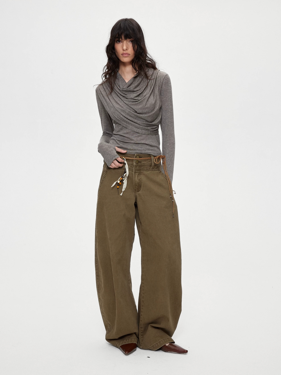 Ashgap - Women's Dual-Button Twill Cotton Curved-Leg Pants